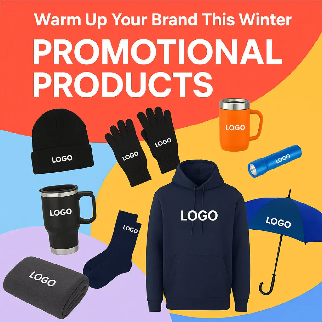 Branded winter promotional products in a colourful corporate layout