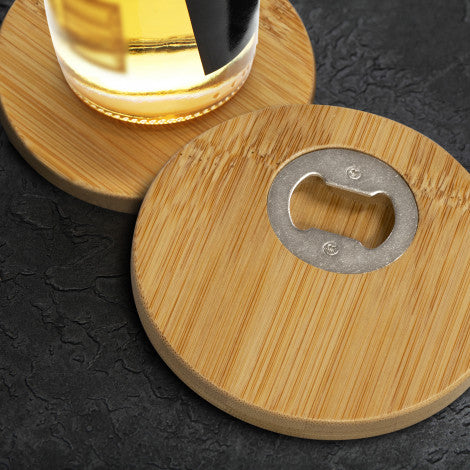 Bamboo Bottle Opener Coaster - Set of 2 - Round - Simply Merchandise