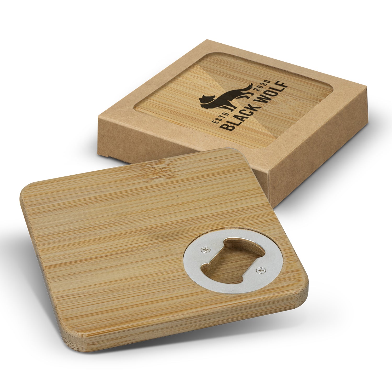Bamboo Bottle Opener Coaster - Set of 2 - Square - Simply Merchandise