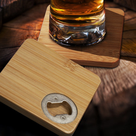 Bamboo Bottle Opener Coaster - Set of 2 - Square - Simply Merchandise