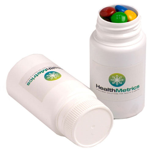 Pill Jar with M&Ms 120g with custom branded logo - Simply Merchandise