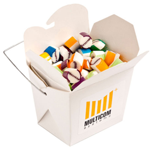 White Cardboard Noodle Box filled with Personalised Rock Candy 100g - Simply Merchandise