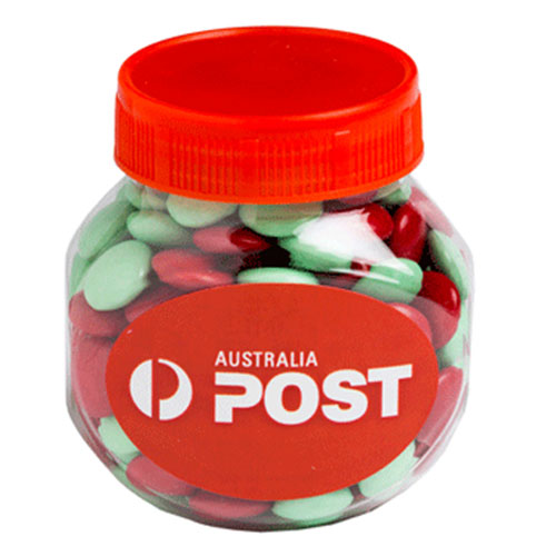 Plastic Jar filled with CHRISTMAS Choc Beans 170g with custom branded logo - Simply Merchandise