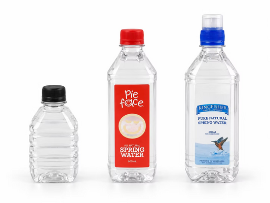 Spring Water (250ml and 600ml) with Custom Printed Label in our Square bottle design with custom branded logo - Simply Merchandise