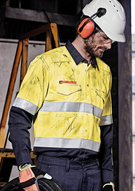 Mens Orange Flame Hi Vis Open Front Spliced Shirt - Hoop Taped - Simply Merchandise