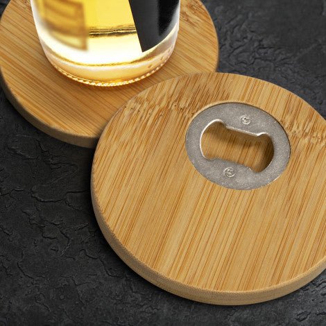 Bamboo Bottle Opener Coaster Set of 2 - Round - Simply Merchandise